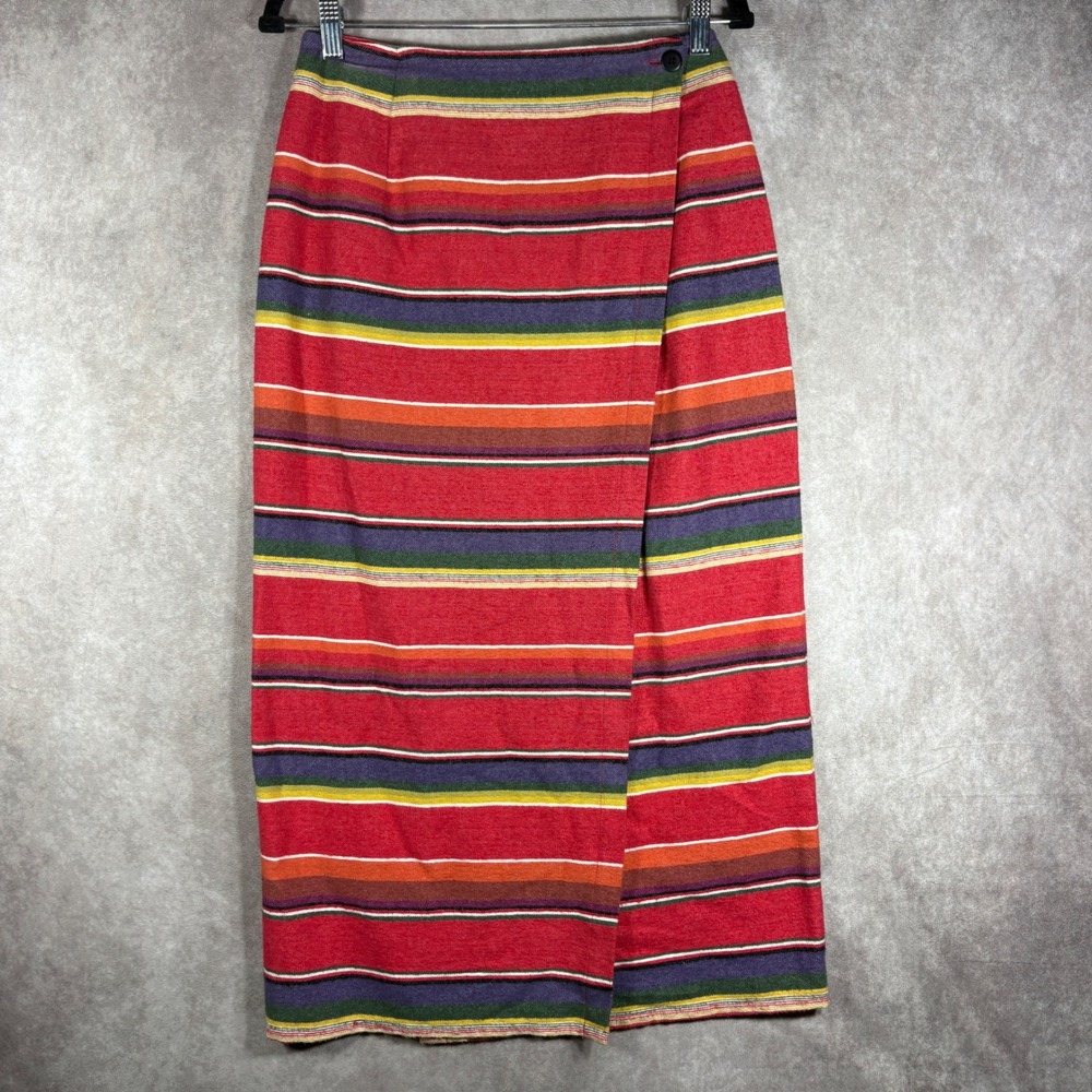 Cambridge Dry Goods Skirt Women 8 Red Striped Wrap Cotton Midi Southwestern Boho